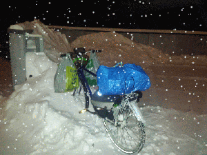 Bicycle, snow and food 