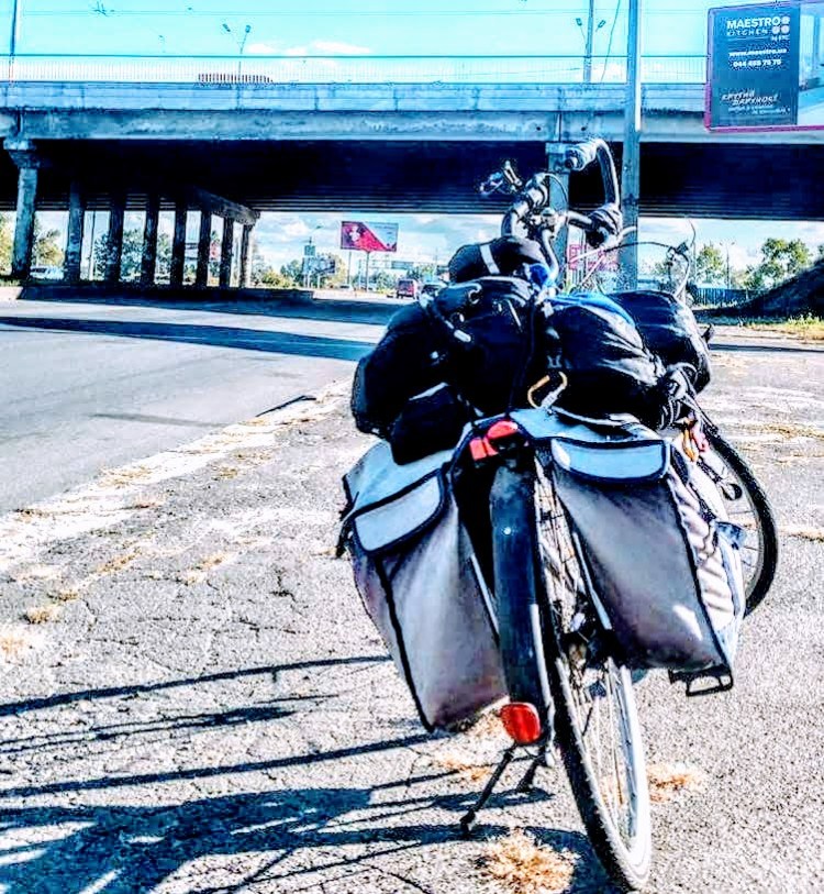 The back side of a touring bicycle