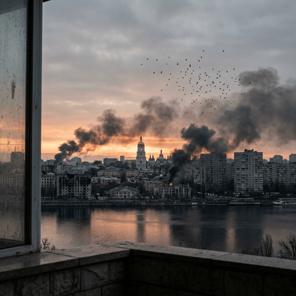 City skyline at sunset with large plumes of smoke rising from fires in buildings and birds flying in the sky