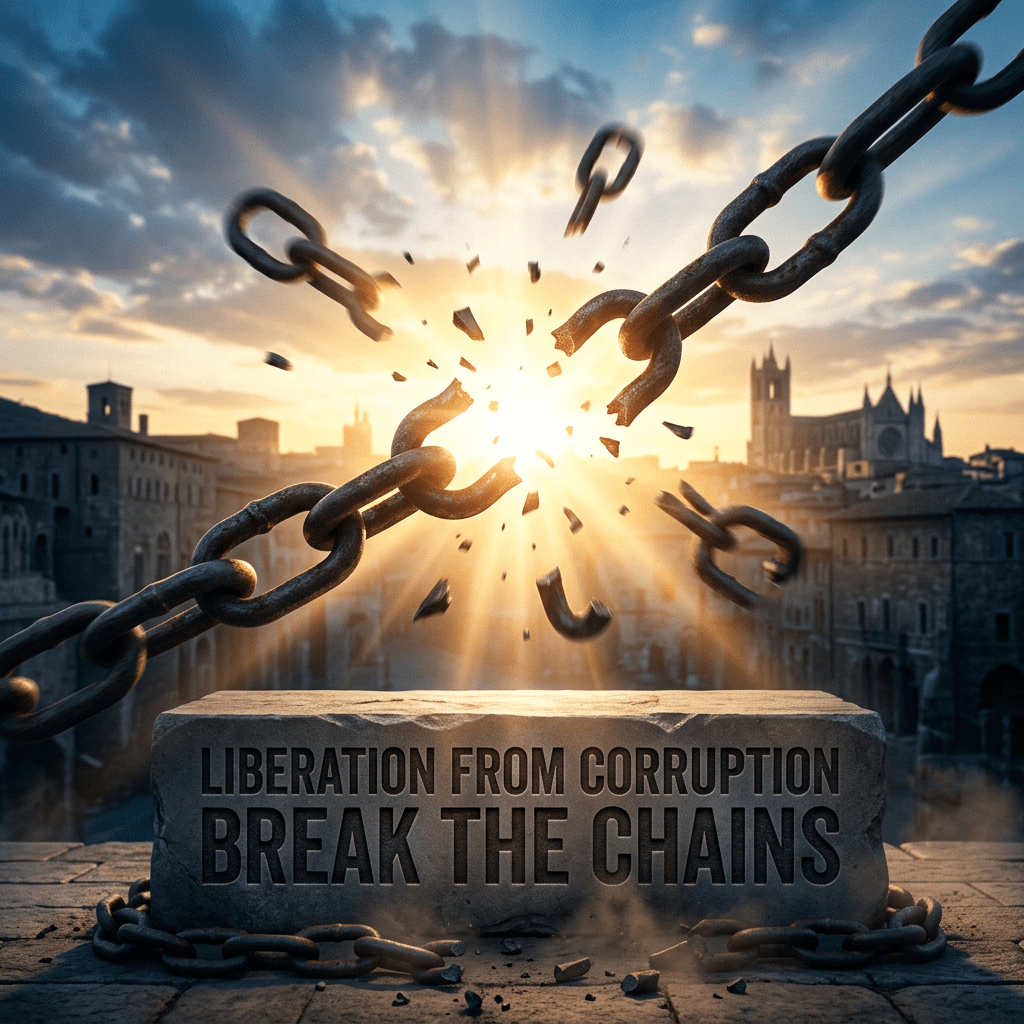 Rusty metal chains breaking apart with bright sunburst behind